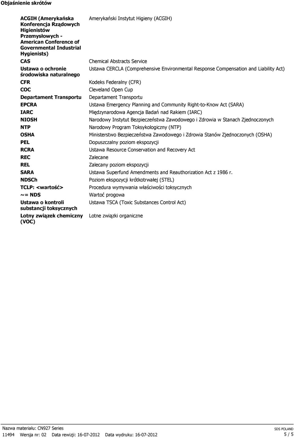 (ACGIH) Chemical Abstracts Service Ustawa CERCLA (Comprehensive Environmental Response Compensation and Liability Act) Kodeks Federalny (CFR) Cleveland Open Cup Departament Transportu Ustawa