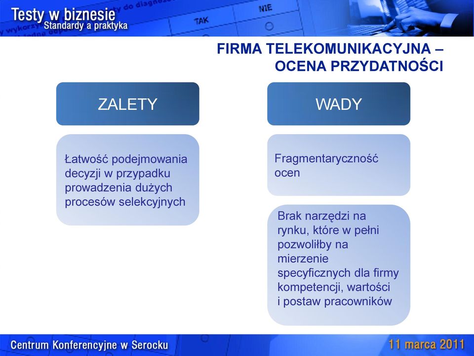 selekcyjnych Fragmentaryczność ocen Brak narzędzi na rynku, które w