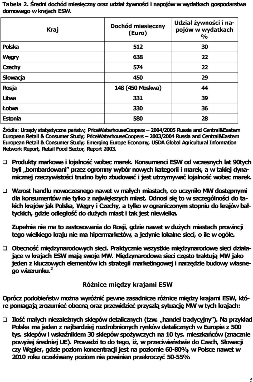 Źródła: Urzędy statystyczne państw; PriceWaterhouseCoopers 2004/2005 Russia and Central&Eastern European Retail & Consumer Study; PriceWaterhouseCoopers 2003/2004 Russia and Central&Eastern European