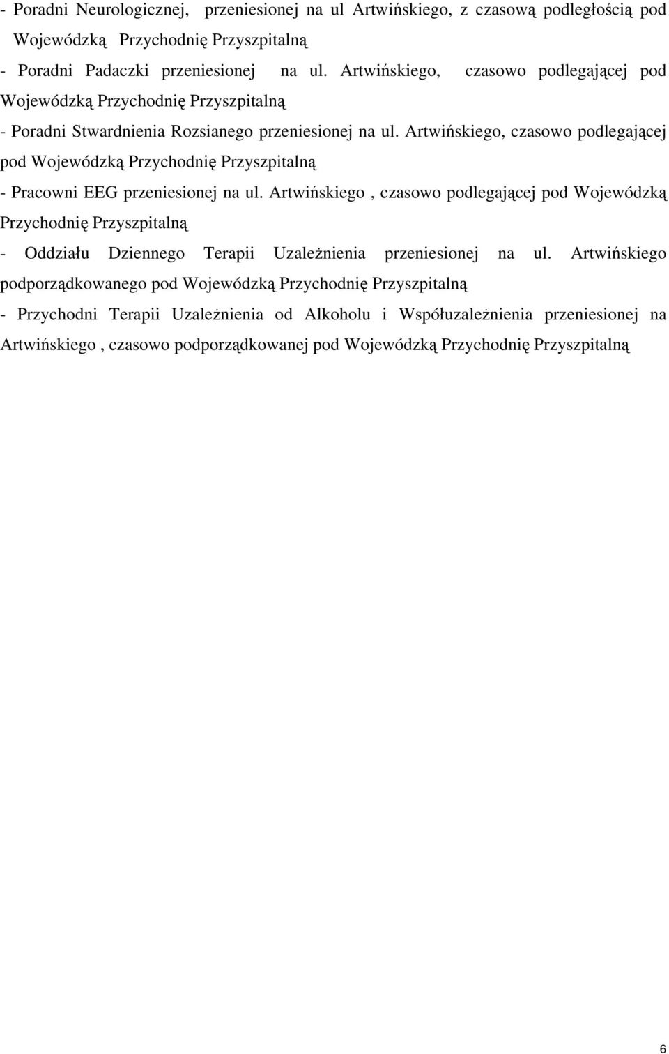 Artwińskiego, czasowo podlegającej pod Wojewódzką Przychodnię Przyszpitalną - Pracowni EEG przeniesionej na ul.