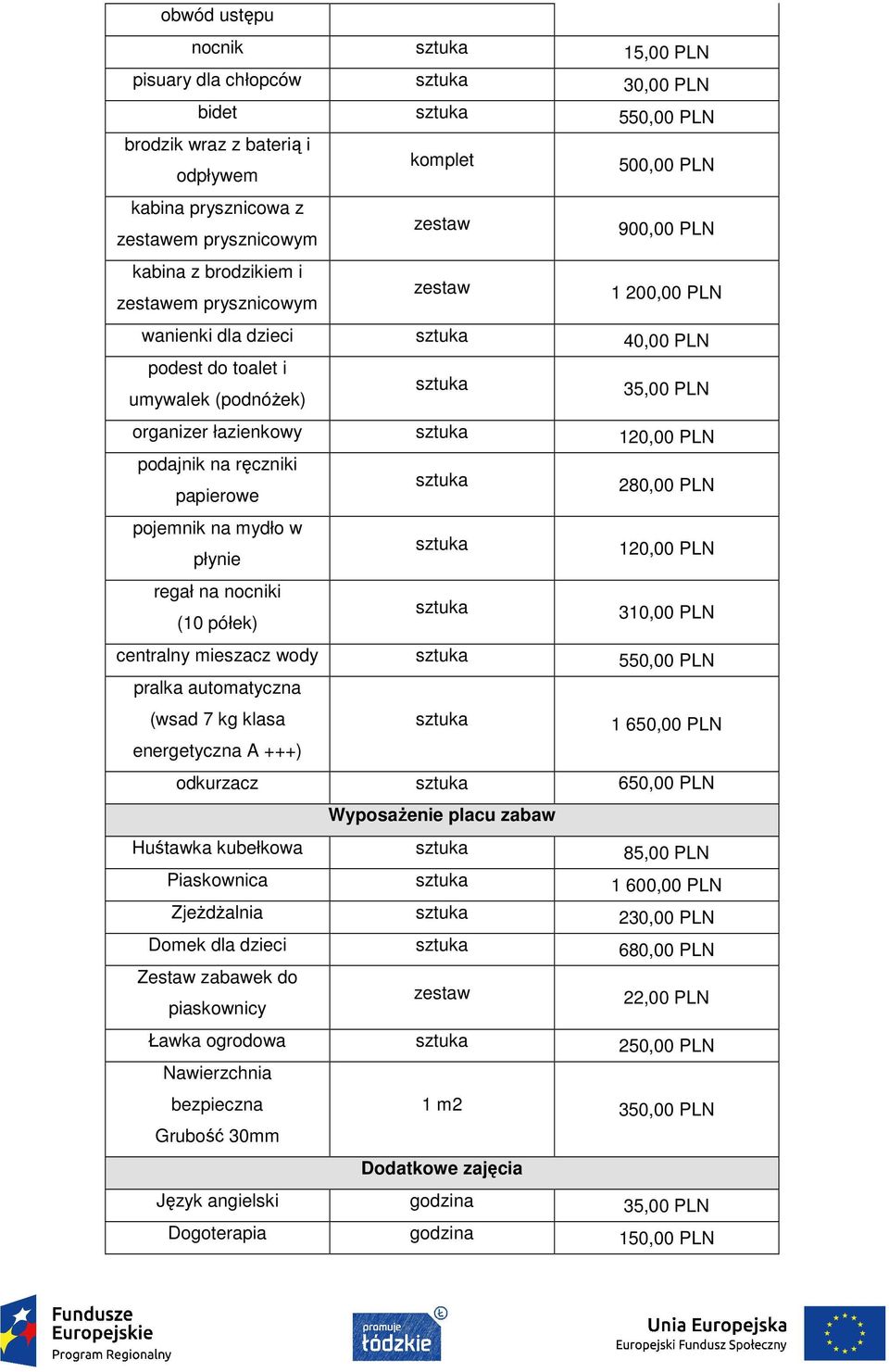 na nocniki (10 półek) 280,00 PLN 120,00 PLN 310,00 PLN centralny mieszacz wody 550,00 PLN pralka automatyczna (wsad 7 kg klasa energetyczna A +++) 1 650,00 PLN odkurzacz 650,00 PLN Wyposażenie placu