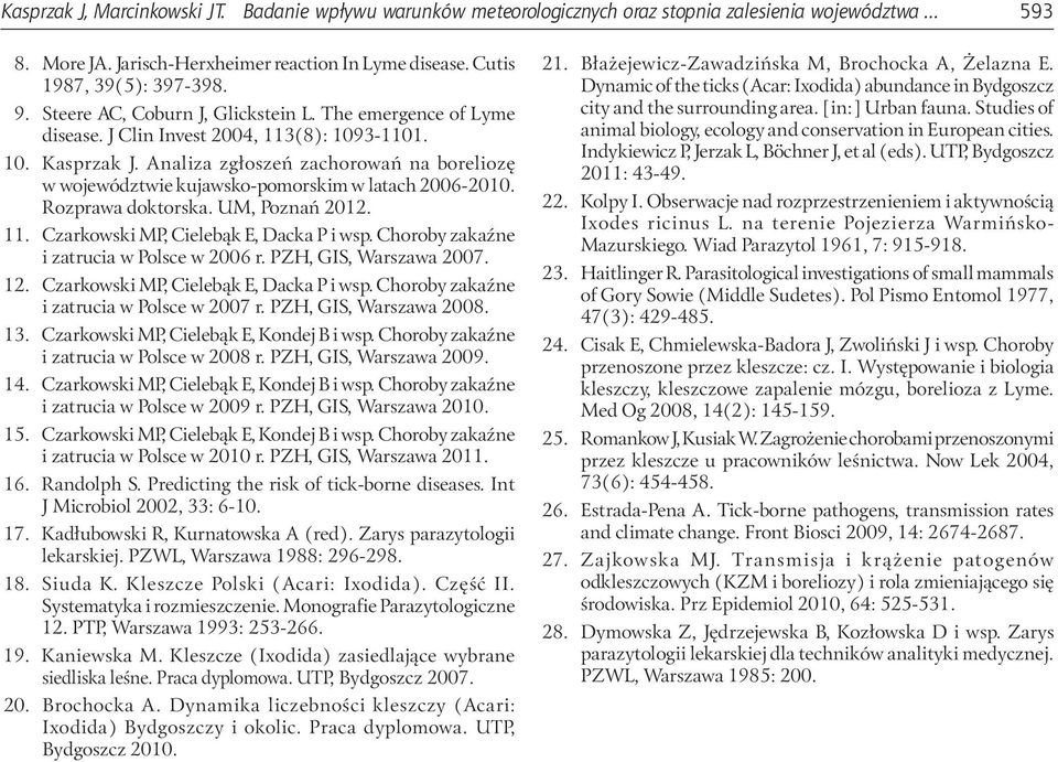 Analiza zgłoszeń zachorowań na boreliozę w województwie kujawsko-pomorskim w latach 26 21. Rozprawa doktorska. UM, Poznań 212. 11. Czarkowski MP, Cielebąk E, Dacka P i wsp.
