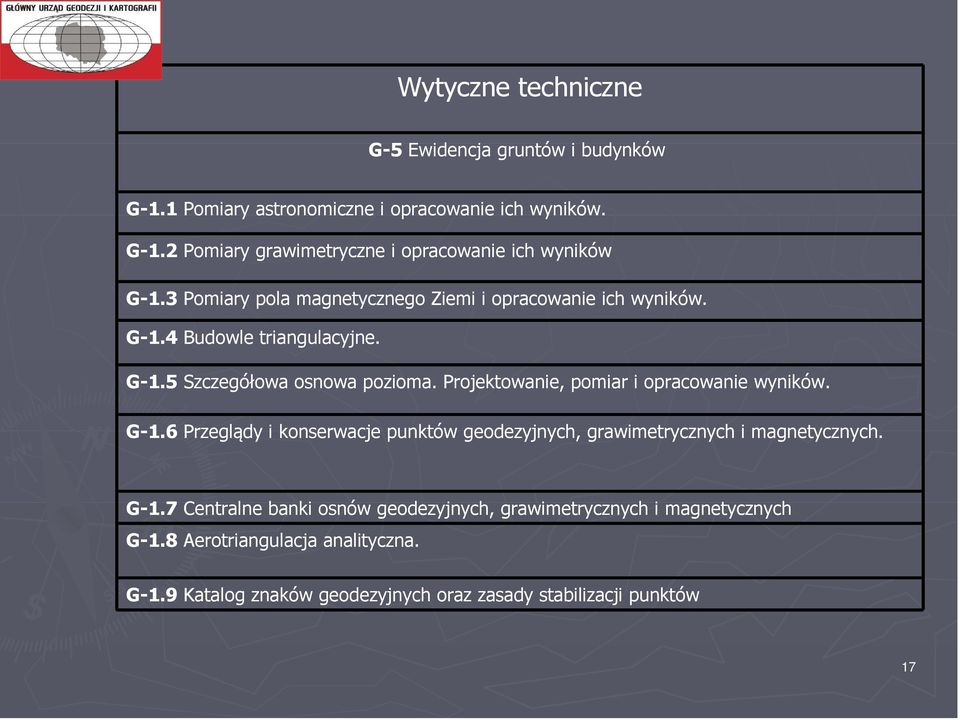 Projektowanie, pomiar i opracowanie wyników. G-1.6 Przeglądy i konserwacje punktów geodezyjnych, grawimetrycznych i magnetycznych. G-1.7 Centralne banki osnów geodezyjnych, grawimetrycznych i magnetycznych G-1.