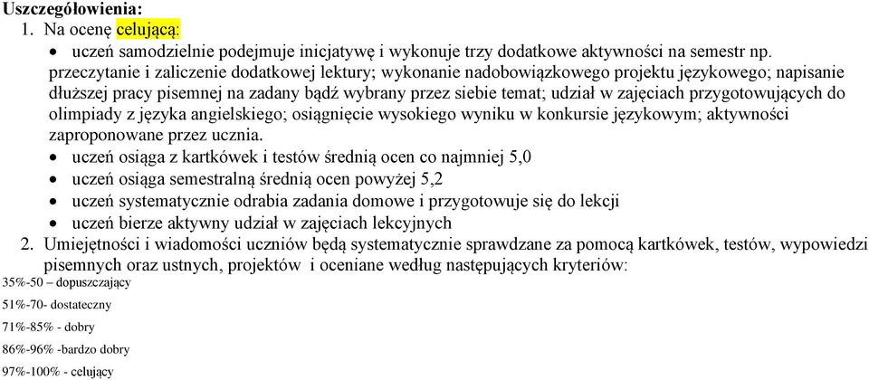 przygotowujących do olimpiady z języka angielskiego; osiągnięcie wysokiego wyniku w konkursie językowym; aktywności zaproponowane przez ucznia.