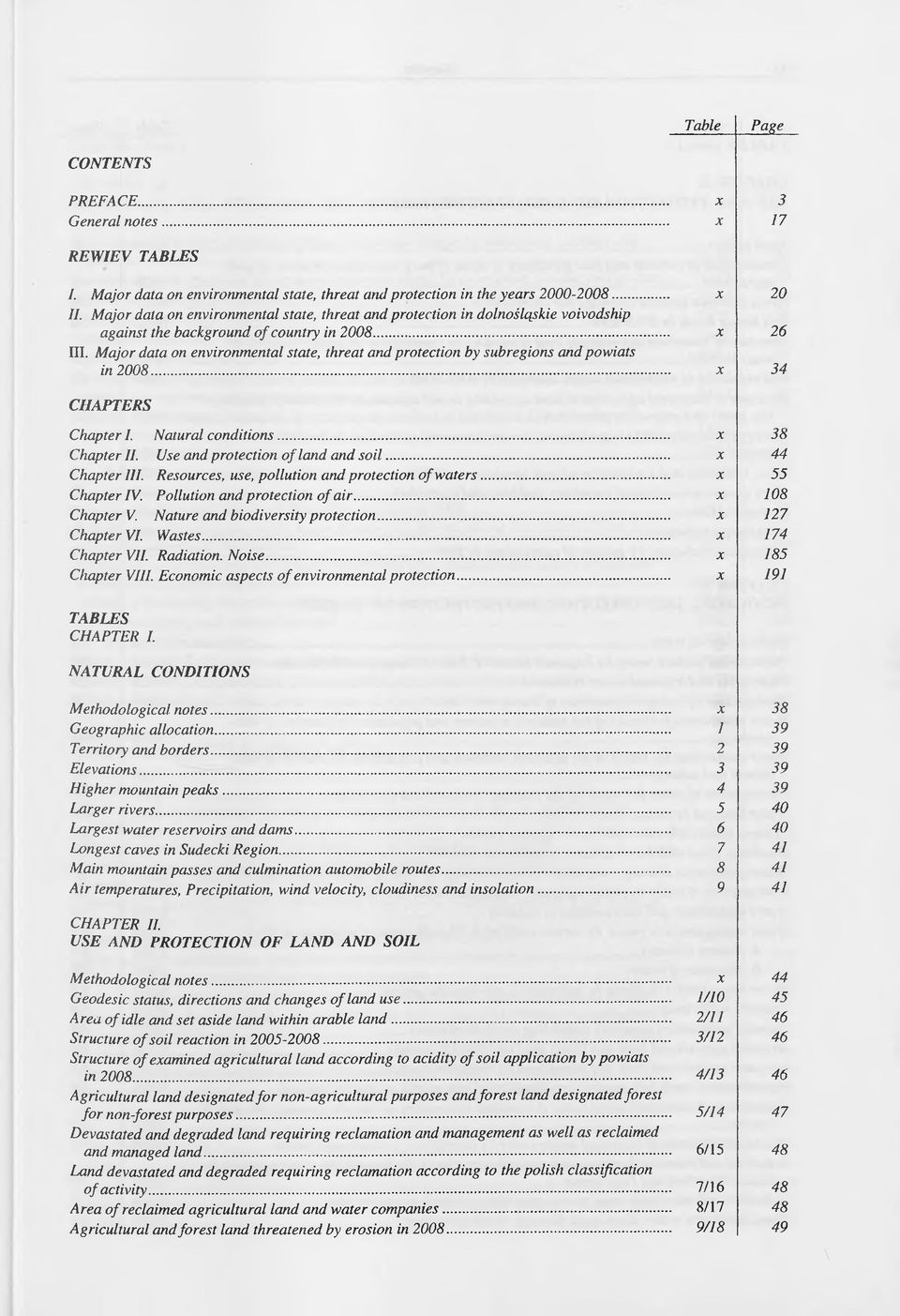 Major data on environmental state, threat and protection by subregions and powiats in 2008... X 20 X 26 X 34 CHAPTERS Chapter I. Natural conditions... Chapter II. Use and protection of land and soil.