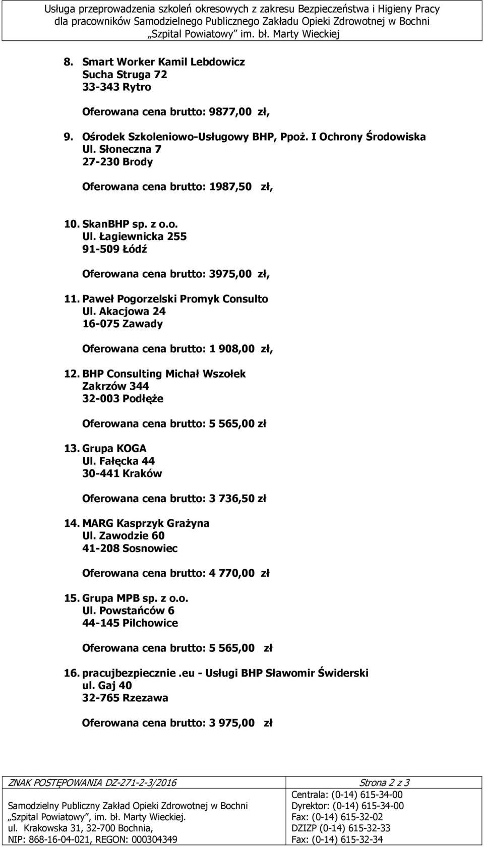 Akacjowa 24 16-075 Zawady Oferowana cena brutto: 1 908,00 zł, 12. BHP Consulting Michał Wszołek Zakrzów 344 32-003 Podłęże 13. Grupa KOGA Ul.