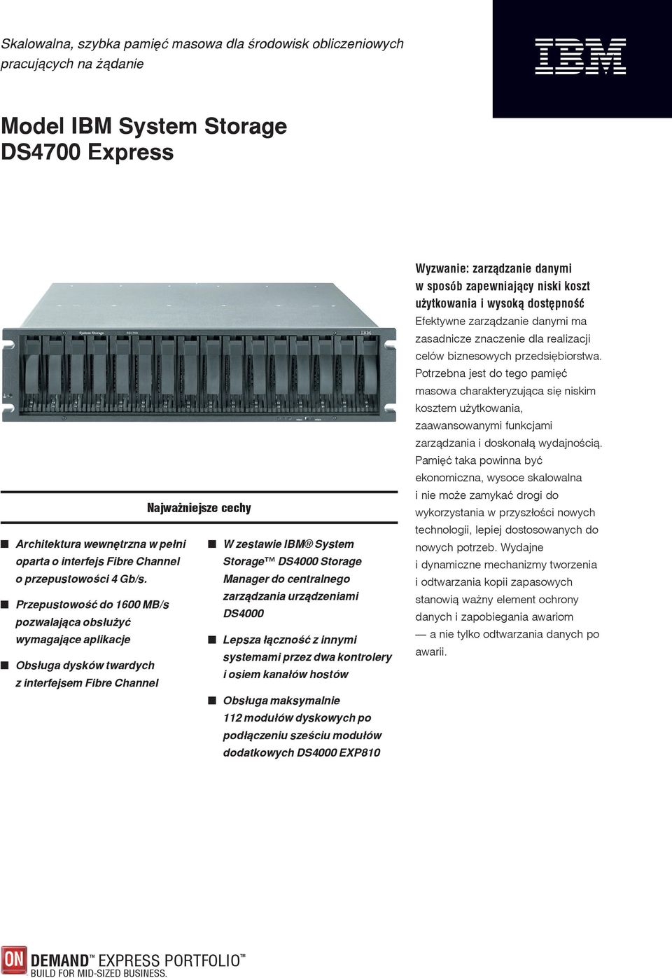 Manager do centralnego zarządzania urządzeniami Przepustowość do 1600 MB/s DS4000 pozwalająca obsłużyć wymagające aplikacje Lepsza łączność z innymi systemami przez dwa kontrolery Obsługa dysków