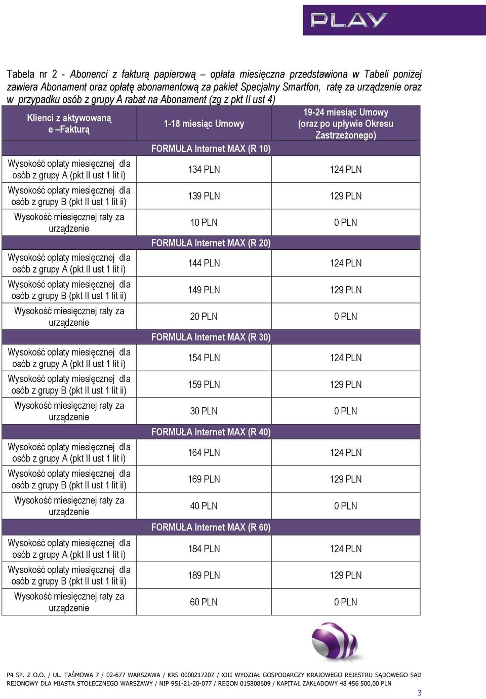 Okresu ZastrzeŜonego) 134 PLN 124 PLN 139 PLN 129 PLN 10 PLN 0 PLN FORMUŁA Internet MAX (R 20) 144 PLN 124 PLN 149 PLN 129 PLN 20 PLN 0 PLN FORMUŁA Internet MAX (R 30) 154 PLN 124