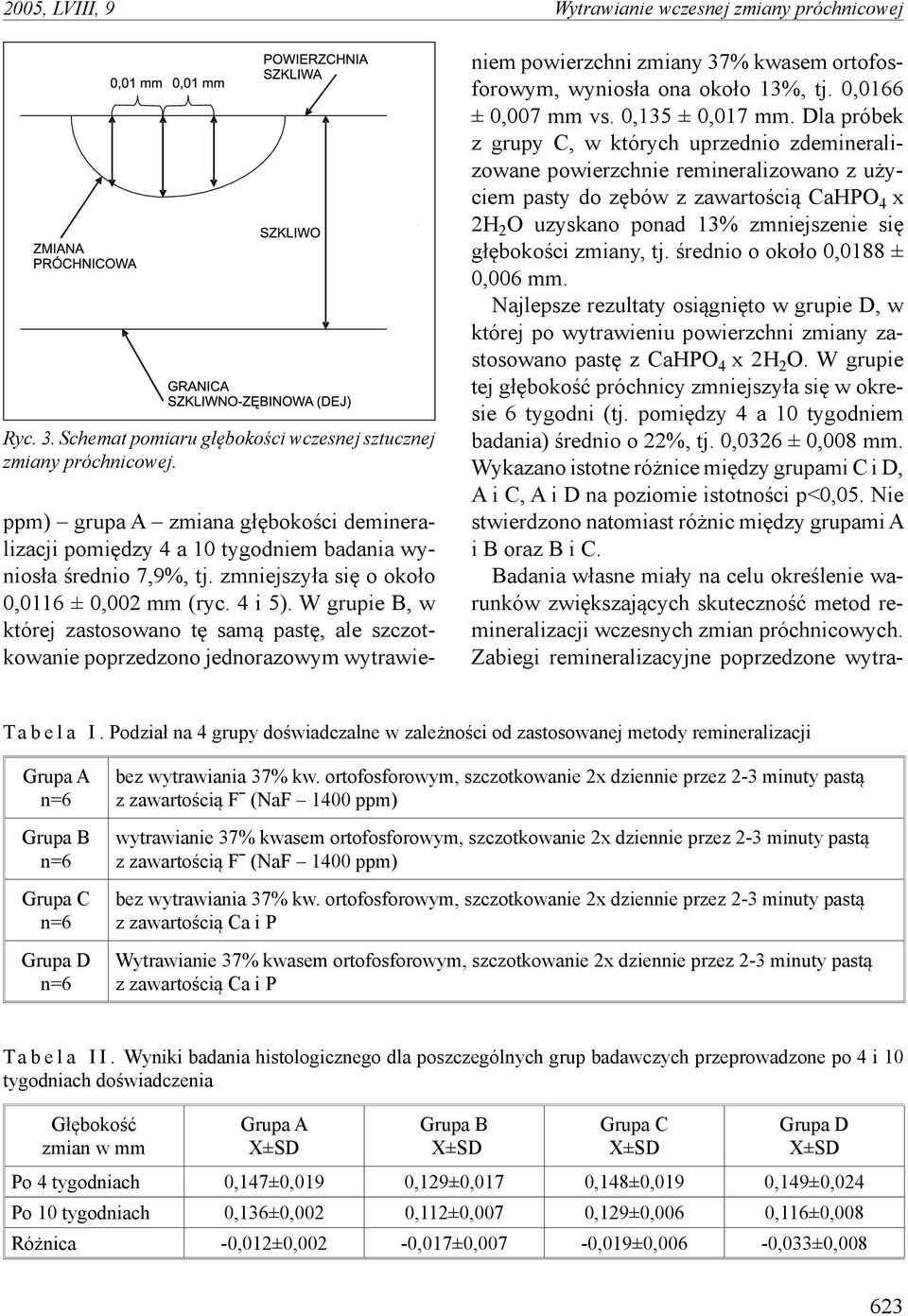 W grupie B, w której zastosowano tę samą pastę, ale szczotkowanie poprzedzono jednorazowym wytrawieniem powierzchni zmiany 37% kwasem ortofosforowym, wyniosła ona około 13%, tj. 0,0166 ± 0,007 mm vs.