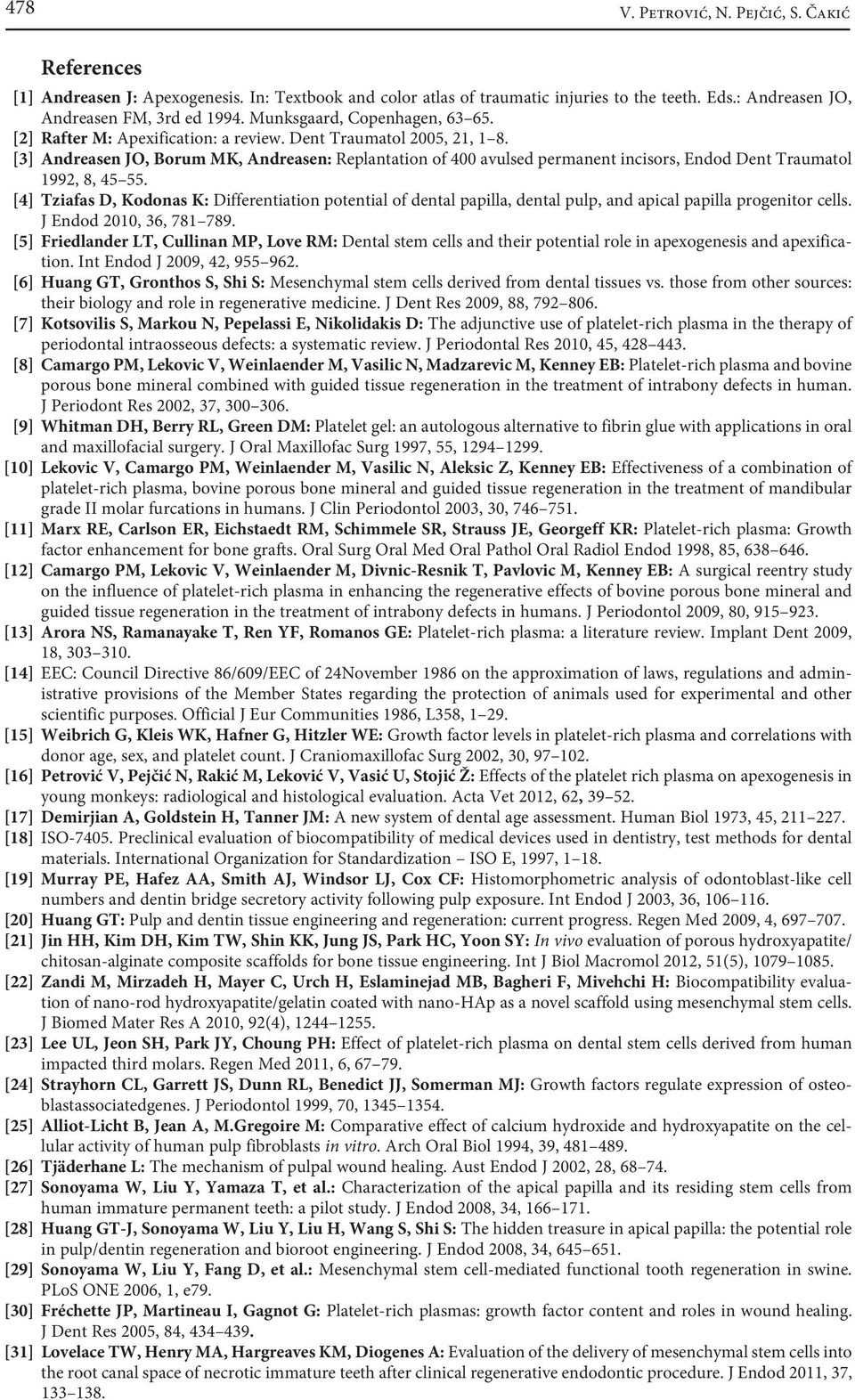 [3] Andreasen JO, Borum MK, Andreasen: Replantation of 400 avulsed permanent incisors, Endod Dent Traumatol 1992, 8, 45 55.