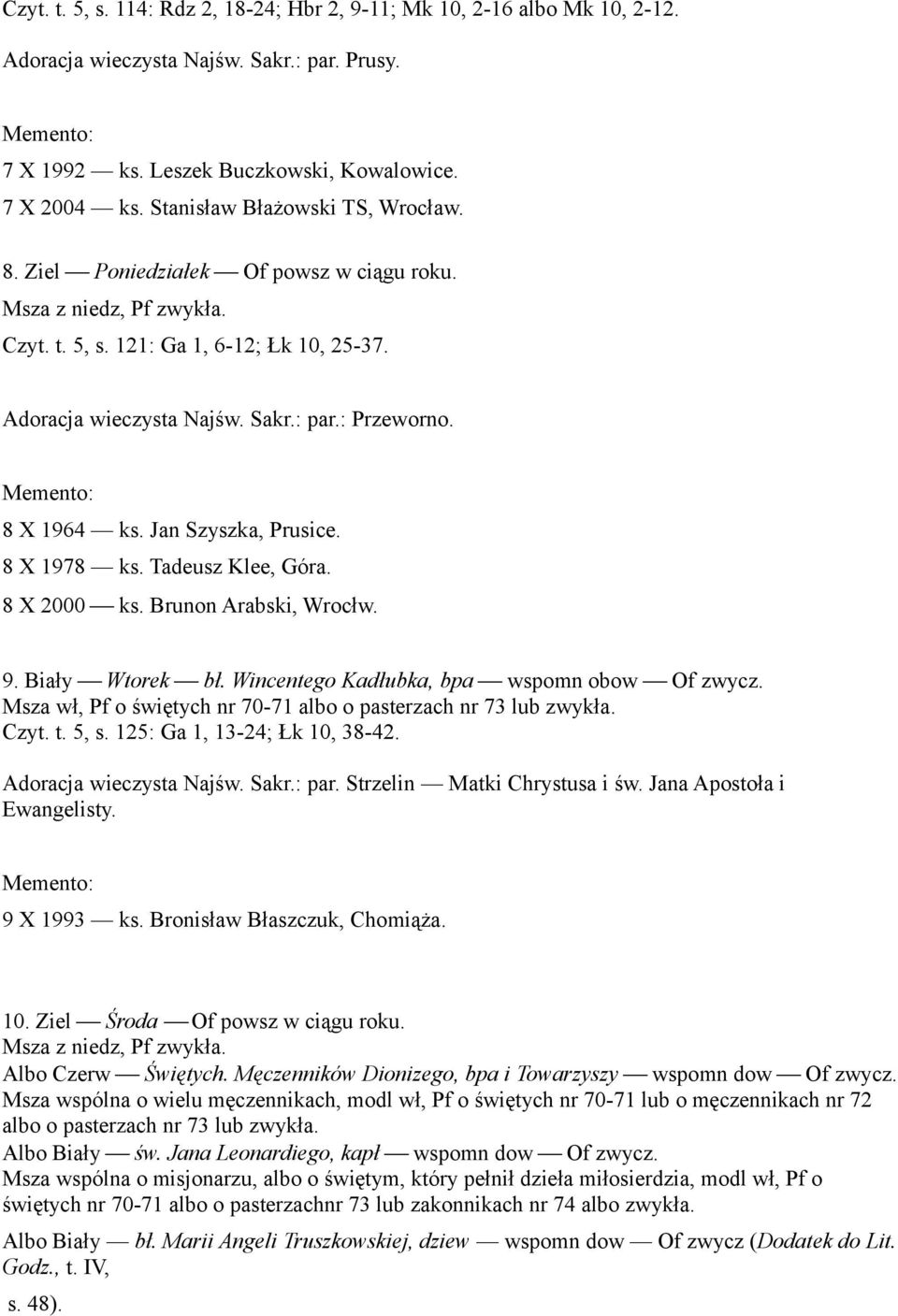 Jan Szyszka, Prusice. 8 X 1978 ks. Tadeusz Klee, Góra. 8 X 2000 ks. Brunon Arabski, Wrocłw. 9. Biały Wtorek bł. Wincentego Kadłubka, bpa wspomn obow Of zwycz.