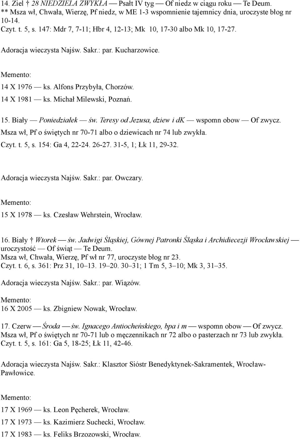 Biały Poniedziałek św. Teresy od Jezusa, dziew i dk wspomn obow Of zwycz. Msza wł, Pf o świętych nr 70-71 albo o dziewicach nr 74 lub zwykła. Czyt. t. 5, s. 154: Ga 4, 22-24. 26-27.