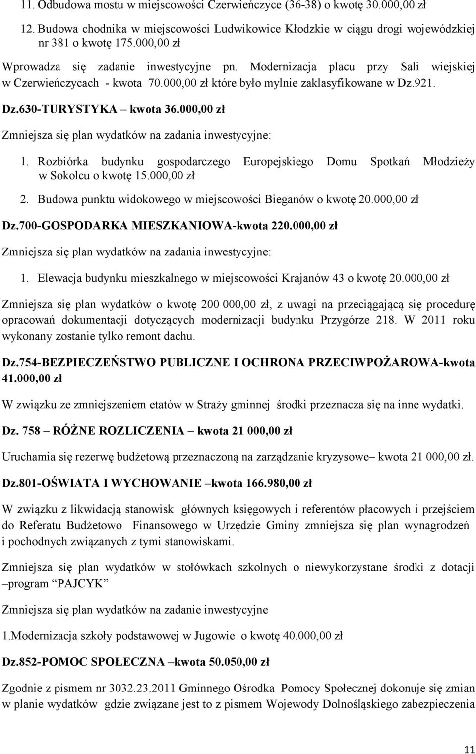 000,00 zł Zmniejsza się plan wydatków na zadania inwestycyjne: 1. Rozbiórka budynku gospodarczego Europejskiego Domu Spotkań Młodzieży w Sokolcu o kwotę 15.000,00 zł 2.