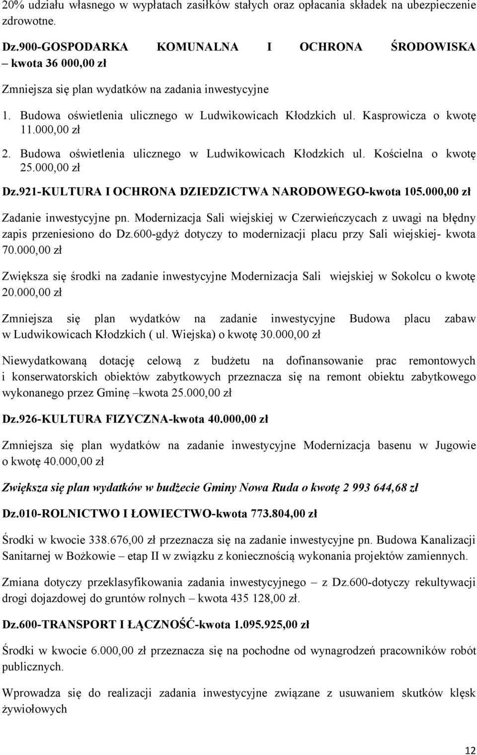 Kasprowicza o kwotę 11.000,00 zł 2. Budowa oświetlenia ulicznego w Ludwikowicach Kłodzkich ul. Kościelna o kwotę 25.000,00 zł Dz.921-KULTURA I OCHRONA DZIEDZICTWA NARODOWEGO-kwota 105.