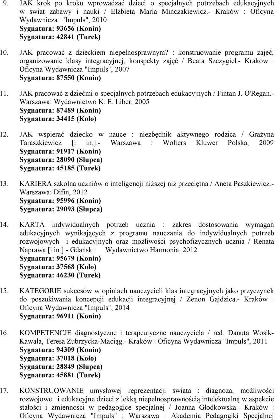 : konstruowanie programu zajęć, organizowanie klasy integracyjnej, konspekty zajęć / Beata Szczygieł.- Kraków : Oficyna Wydawnicza "Impuls", 2007 Sygnatura: 87550 (Konin) 11.