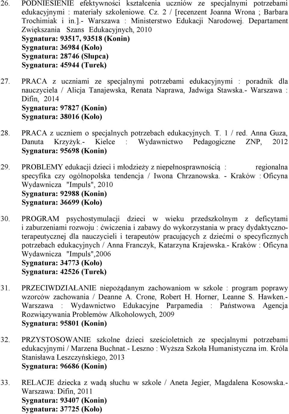 Departament Zwiększania Szans Edukacyjnych, 2010 Sygnatura: 93517, 93518 (Konin) Sygnatura: 36984 (Koło) Sygnatura: 28746 (Słupca) Sygnatura: 45944 (Turek) 27.