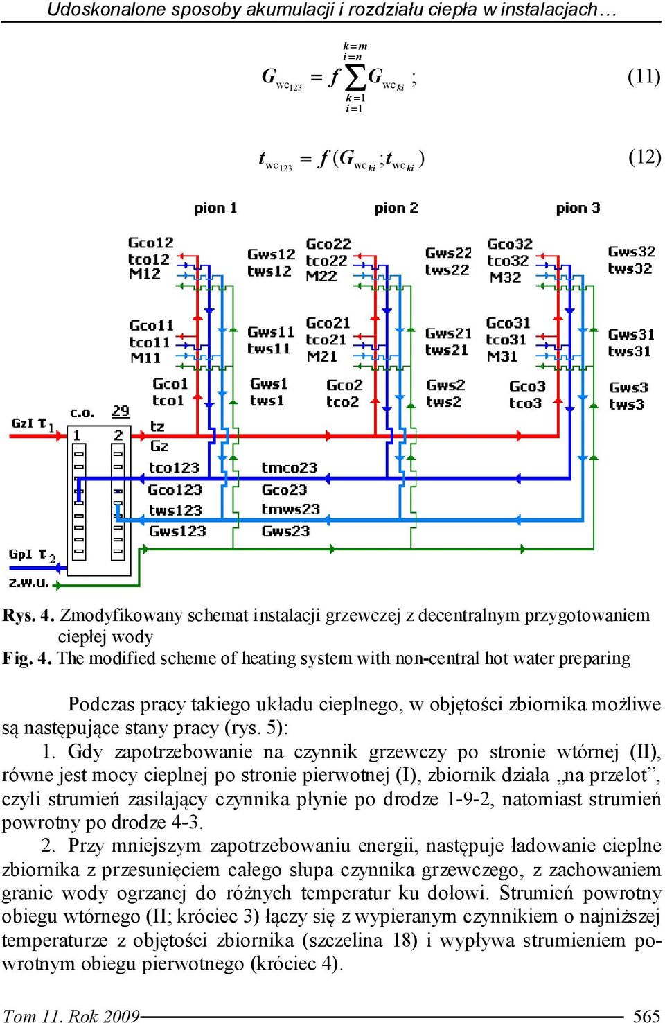 The modified scheme of heating system with non-central hot water preparing Podczas pracy taiego uładu cieplnego, w objętości zbiornia możliwe są następujące stany pracy (rys. 5): 1.