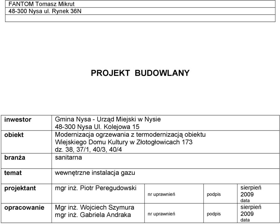 Nysa Ul. Kolejowa 15 Modernizacja ogrzewania z termodernizacją obiektu Wiejskiego Domu Kultury w Złotogłowicach 173 dz.