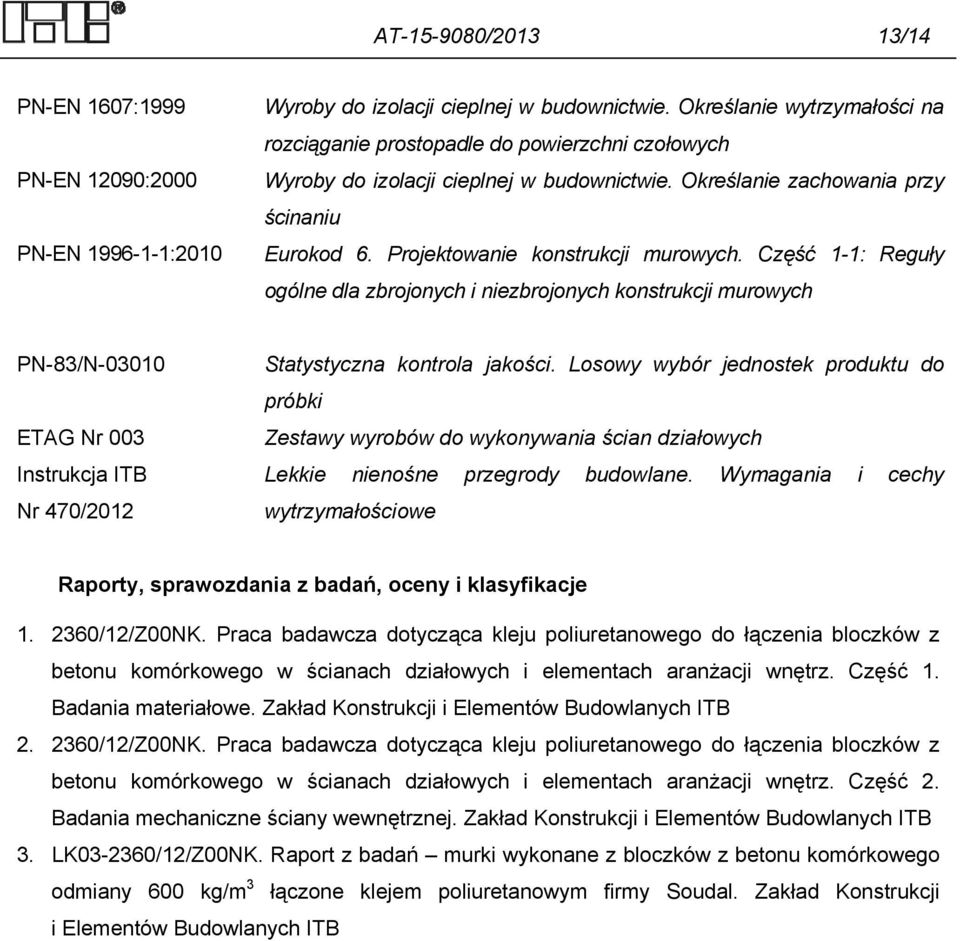 Projektowanie konstrukcji murowych. Część 1-1: Reguły ogólne dla zbrojonych i niezbrojonych konstrukcji murowych PN-83/N-03010 ETAG Nr 003 Instrukcja ITB Nr 470/2012 Statystyczna kontrola jakości.