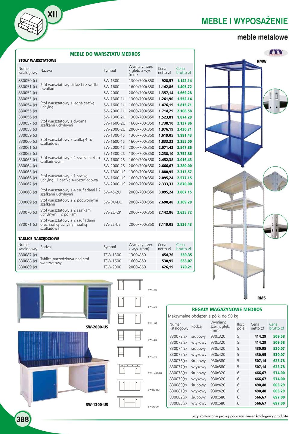 405,72 830052 (c) SW-2000 2000x700x850 1.357,14 1.669,28 830053 (c) SW-1300-1U 1300x700x850 1.261,90 1.552,14 830054 (c) Stół warsztatowy z jedną szafką uchylną SW-1600-1U 1600x700x850 1.476,19 1.