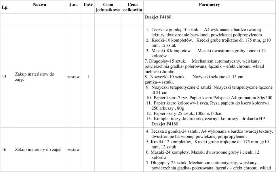 Mazaki dwustronne gruby i cienki 12 kolorów 7. Długopisy-15 sztuk. Mechanizm automatyczny, wciskany, powierzchnia gładka- polerowana, łącznik efekt chromu, wkład niebieski Jumbo 8. Nożyczki-10 sztuk.