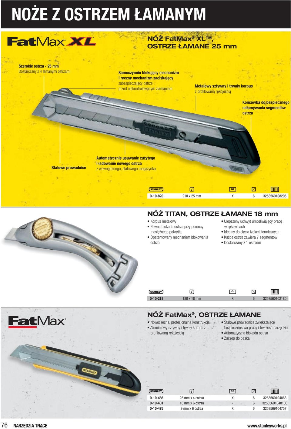 zużytego i ładowanie nowego ostrza z wewnętrznego, stalowego magazynka 0-10-820 210 25 mm X 6 25560108205 NÓŻ TITAN, OSTRZE ŁAMANE 18 mm Korpus metalowy Pewna blokada ostrza przy pomocy mosiężnego