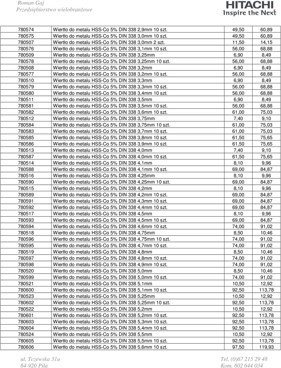 56,00 68,88 780508 Wiertło do metalu HSS-Co 5% DIN 338 3,2mm 6,90 8,49 780577 Wiertło do metalu HSS-Co 5% DIN 338 3,2mm 10 szt.