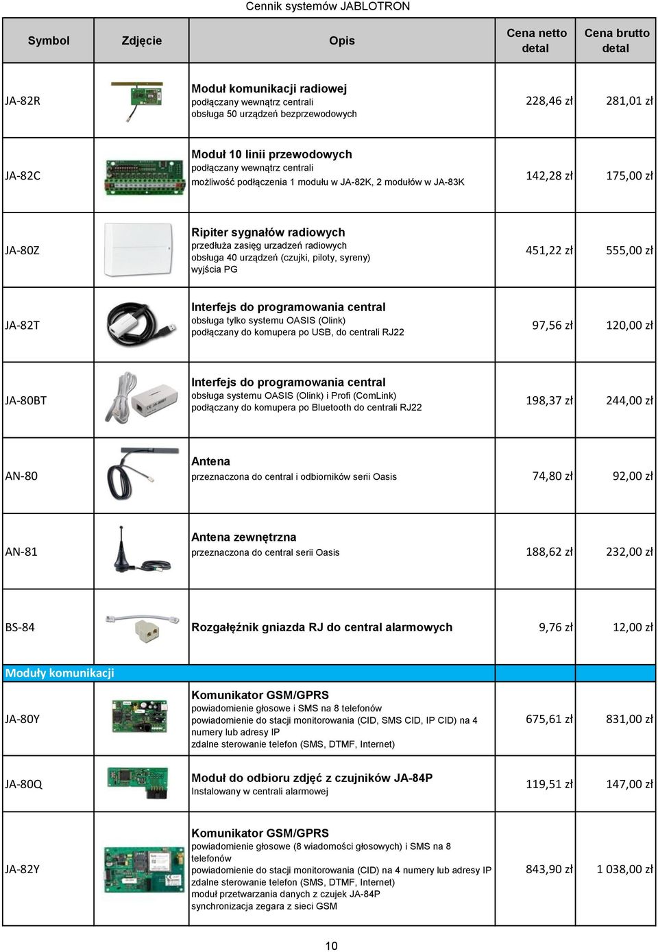 451,22 zł 555,00 zł JA-82T Interfejs do programowania central obsługa tylko systemu OASIS (Olink) podłączany do komupera po USB, do centrali RJ22 97,56 zł 120,00 zł JA-80BT Interfejs do programowania