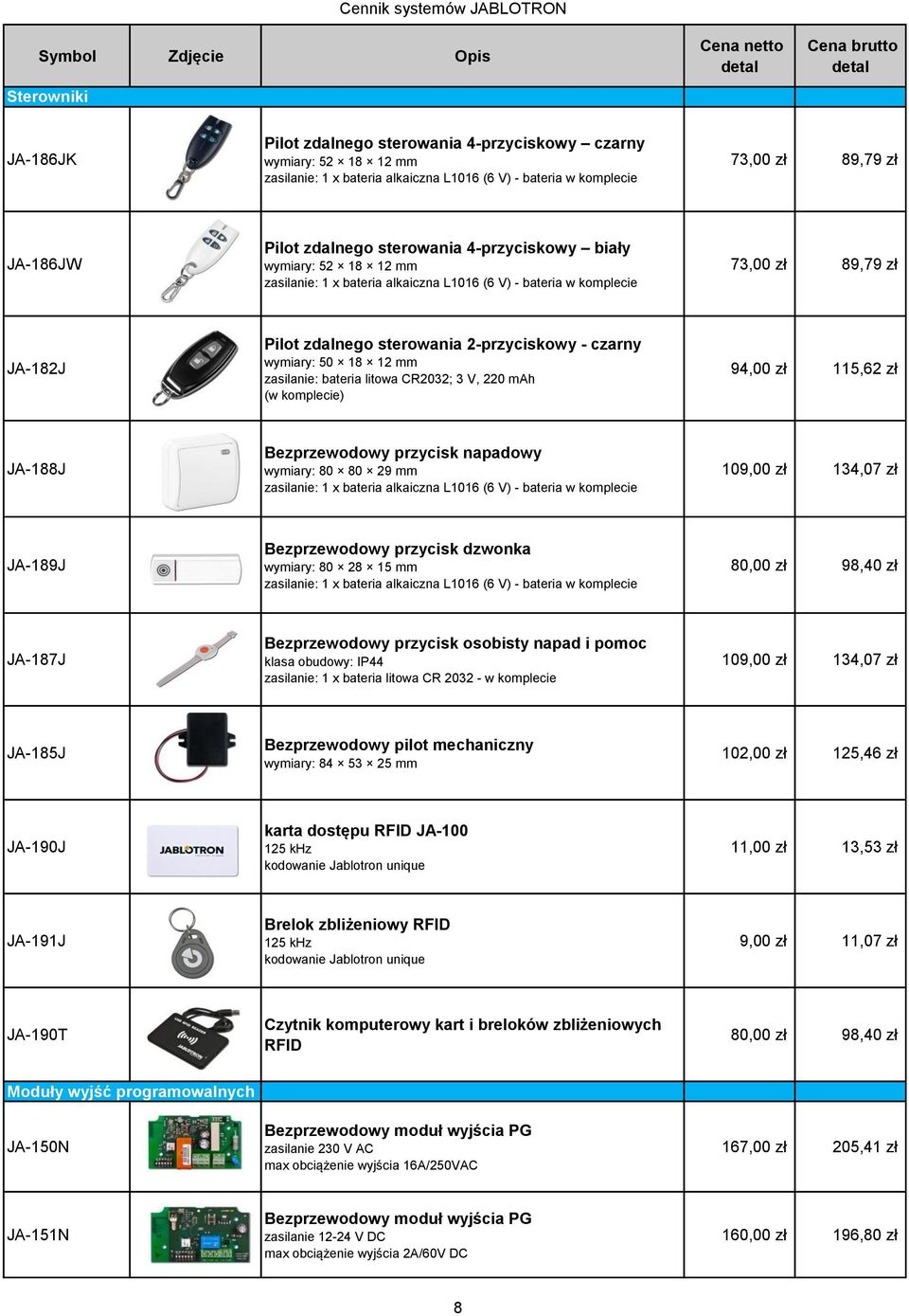 wymiary: 50 18 12 mm zasilanie: bateria litowa CR2032; 3 V, 220 mah (w komplecie) 94,00 zł 115,62 zł JA-188J Bezprzewodowy przycisk napadowy wymiary: 80 80 29 mm zasilanie: 1 x bateria alkaiczna