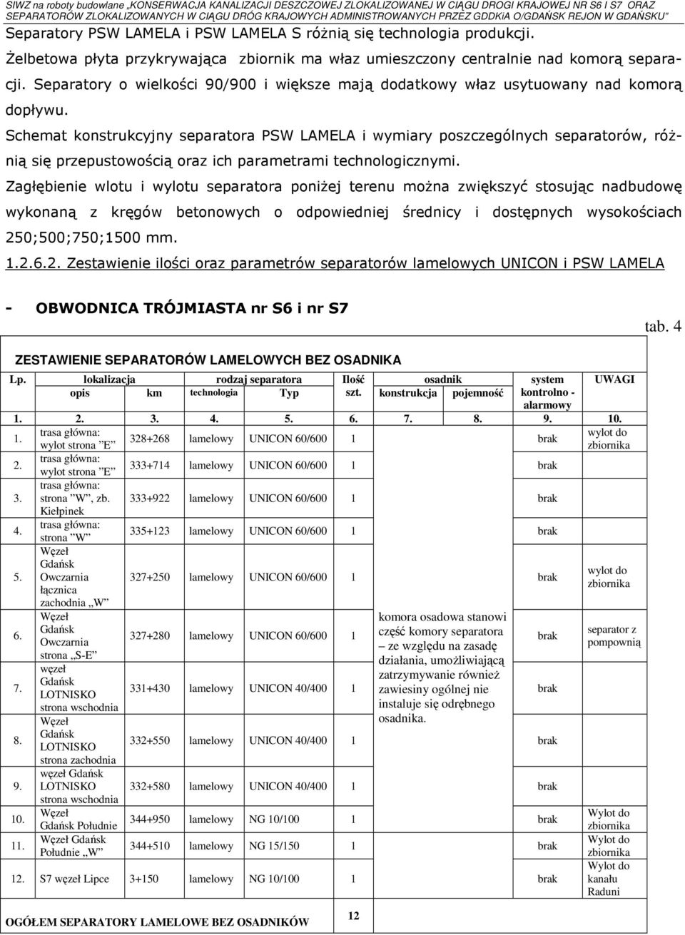 Schemat konstrukcyjny separatora PSW LAMELA i wymiary poszczególnych separatorów, różnią się przepustowością oraz ich parametrami technologicznymi.