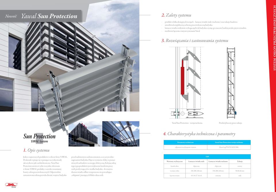 Przekrój boczny przez żaluzje. Parametry techniczne odporność na obciążenie wiatrem Yawal Sun Protection wersja ruchoma klasa 6 wg PN-EN13659:2006 Jeden z najnowszych produktów w ofercie firmy YAWAL.