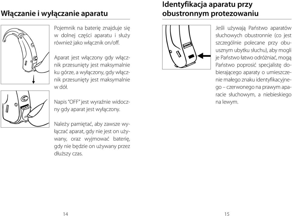 Identyfikacja aparatu przy obustronnym protezowaniu Jeśli używają Państwo aparatów słuchowych obustronnie (co jest szczególnie polecane przy obuusznym ubytku słuchu), aby mogli je Państwo łatwo