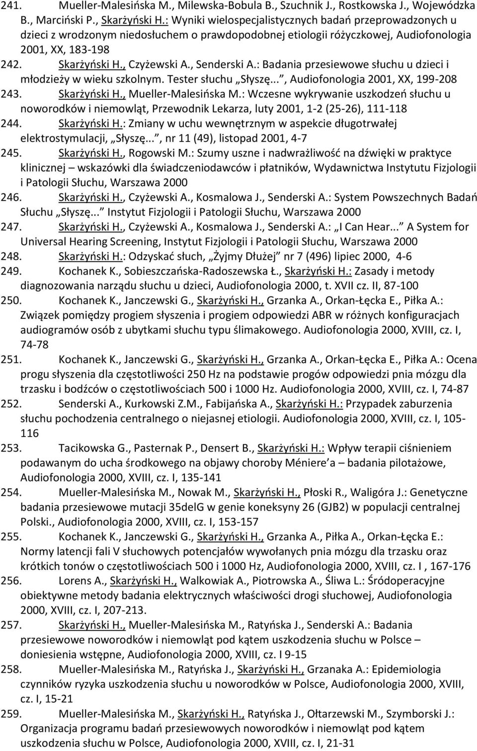 , Senderski A.: Badania przesiewowe słuchu u dzieci i młodzieży w wieku szkolnym. Tester słuchu Słyszę..., Audiofonologia 2001, XX, 199-208 243. Skarżyński H., Mueller-Malesińska M.