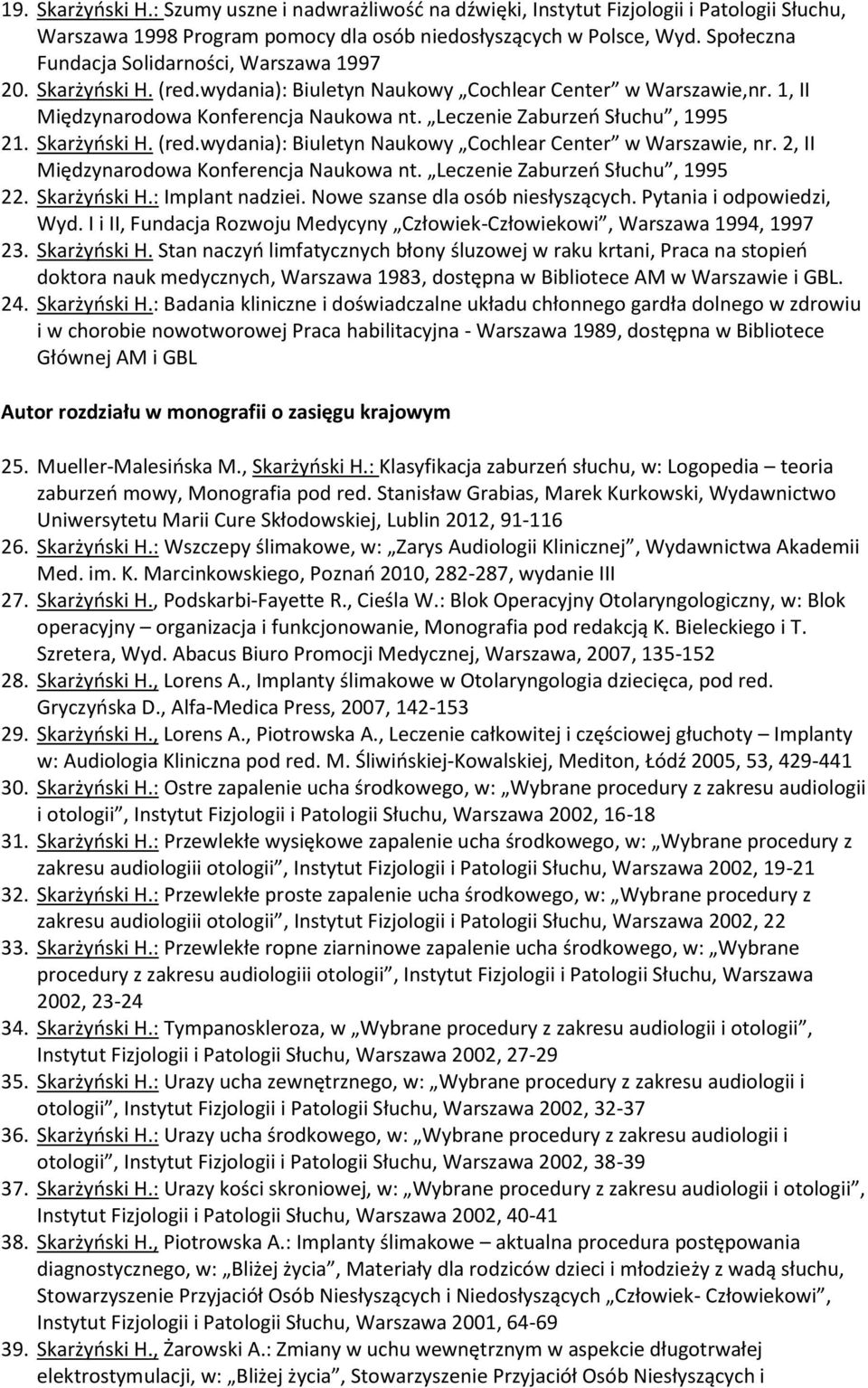 Leczenie Zaburzeń Słuchu, 1995 21. Skarżyński H. (red.wydania): Biuletyn Naukowy Cochlear Center w Warszawie, nr. 2, II Międzynarodowa Konferencja Naukowa nt. Leczenie Zaburzeń Słuchu, 1995 22.