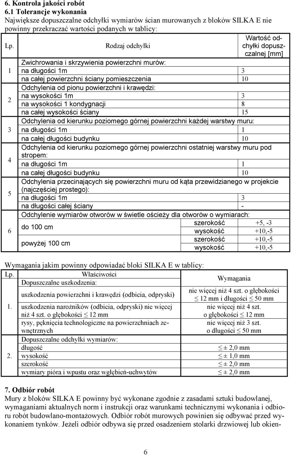 wysokości 1m 3 na wysokości 1 kondygnacji 8 na całej wysokości ściany 15 Odchylenia od kierunku poziomego górnej powierzchni każdej warstwy muru: 3 na długości 1m 1 na całej długości budynku 10
