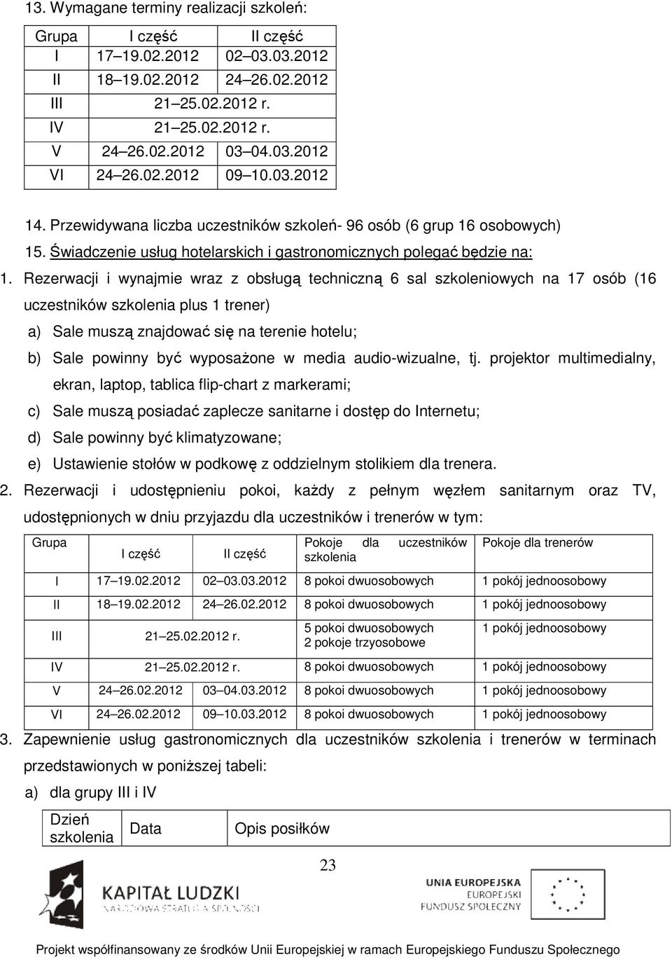 Rezerwacji i wynajmie wraz z obsługą techniczną 6 sal szkoleniowych na 17 osób (16 uczestników szkolenia plus 1 trener) a) Sale muszą znajdować się na terenie hotelu; b) Sale powinny być wyposażone w
