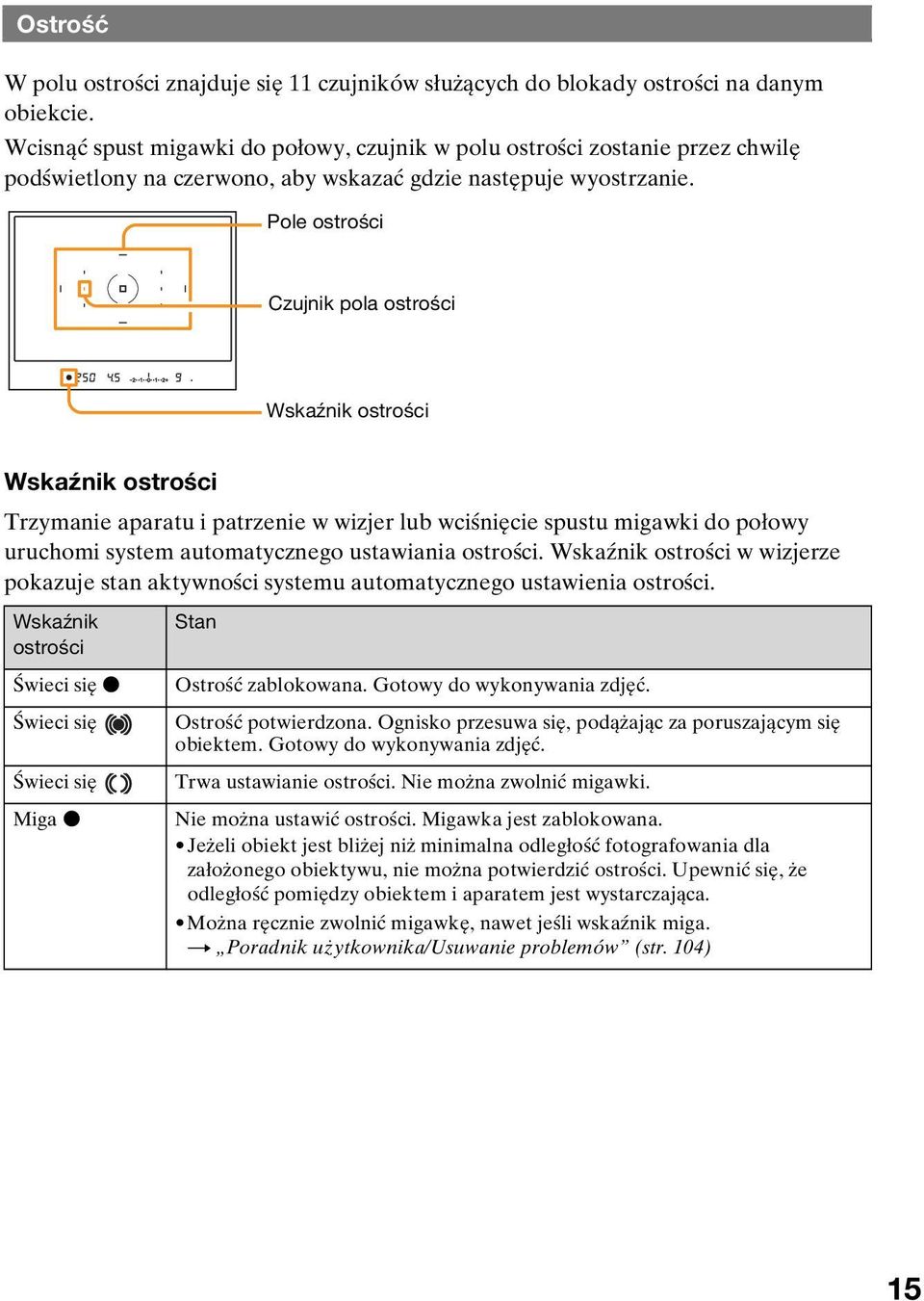 Pole ostrości Czujnik pola ostrości Wskaźnik ostrości Wskaźnik ostrości Trzymanie aparatu i patrzenie w wizjer lub wciśnięcie spustu migawki do połowy uruchomi system automatycznego ustawiania