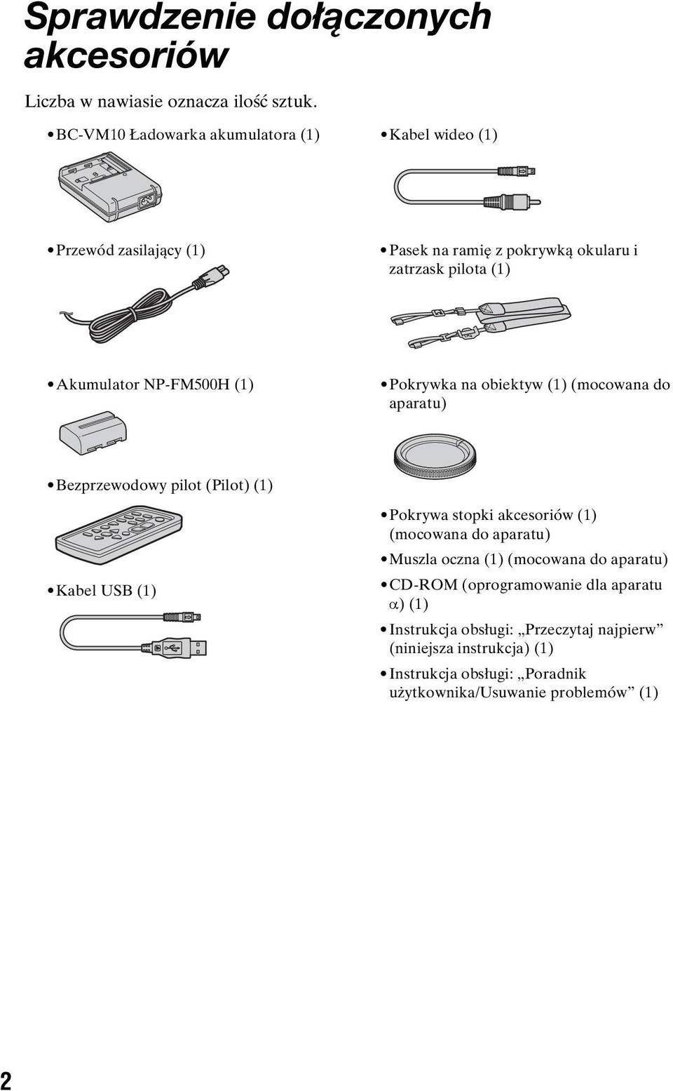 NP-FM500H (1) Pokrywka na obiektyw (1) (mocowana do aparatu) Bezprzewodowy pilot (Pilot) (1) Kabel USB (1) Pokrywa stopki akcesoriów (1) (mocowana