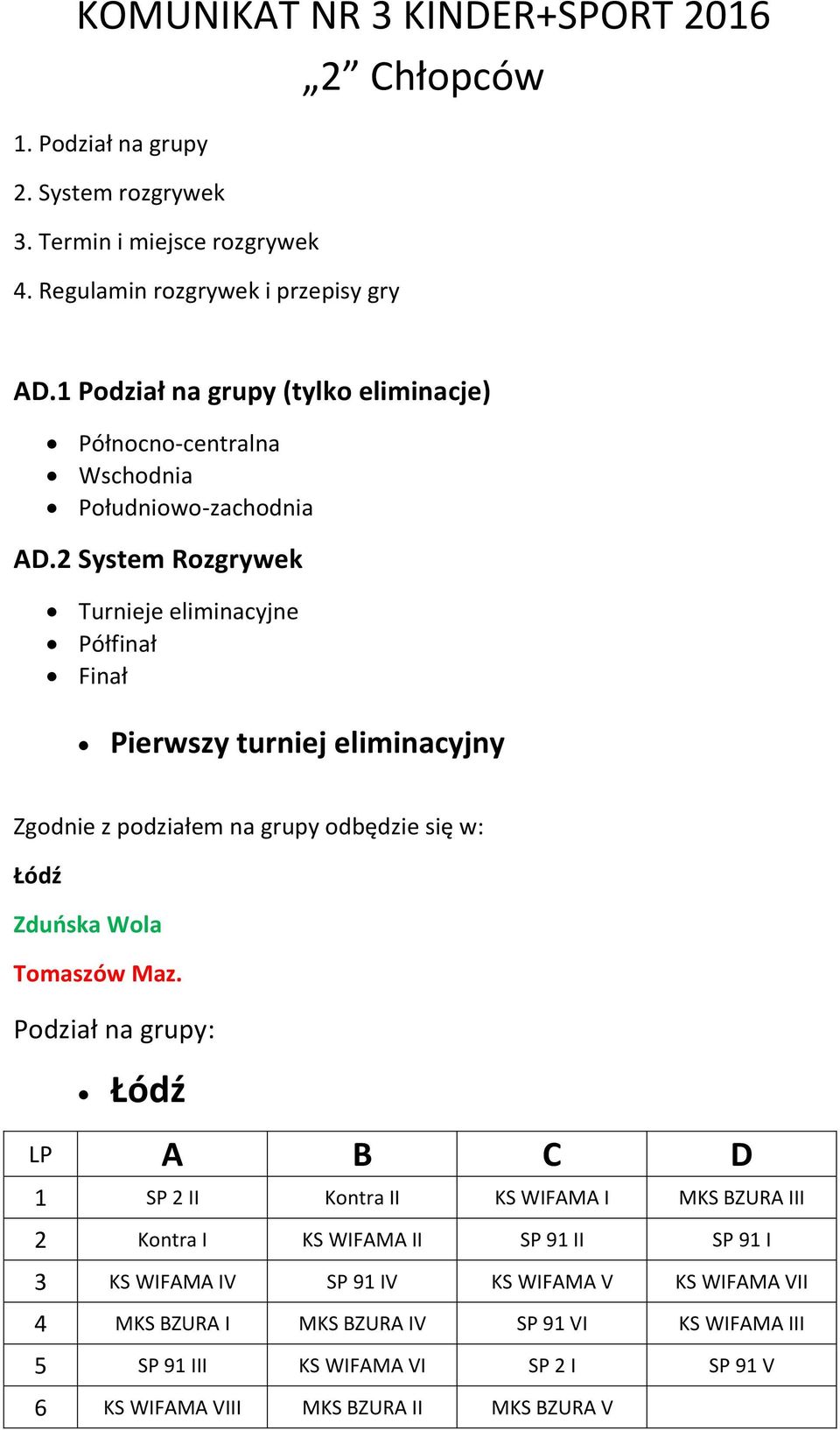 2 System Rozgrywek Turnieje eliminacyjne Półfinał Finał Pierwszy turniej eliminacyjny Zgodnie z podziałem na grupy odbędzie się w: Łódź Zduńska Wola Tomaszów Maz.