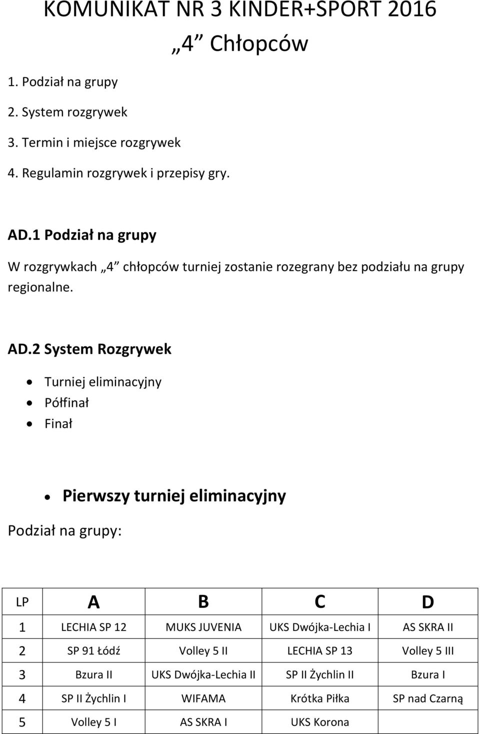 2 System Rozgrywek Turniej eliminacyjny Półfinał Finał Pierwszy turniej eliminacyjny Podział na grupy: LP A B C D 1 LECHIA SP 12 MUKS JUVENIA UKS