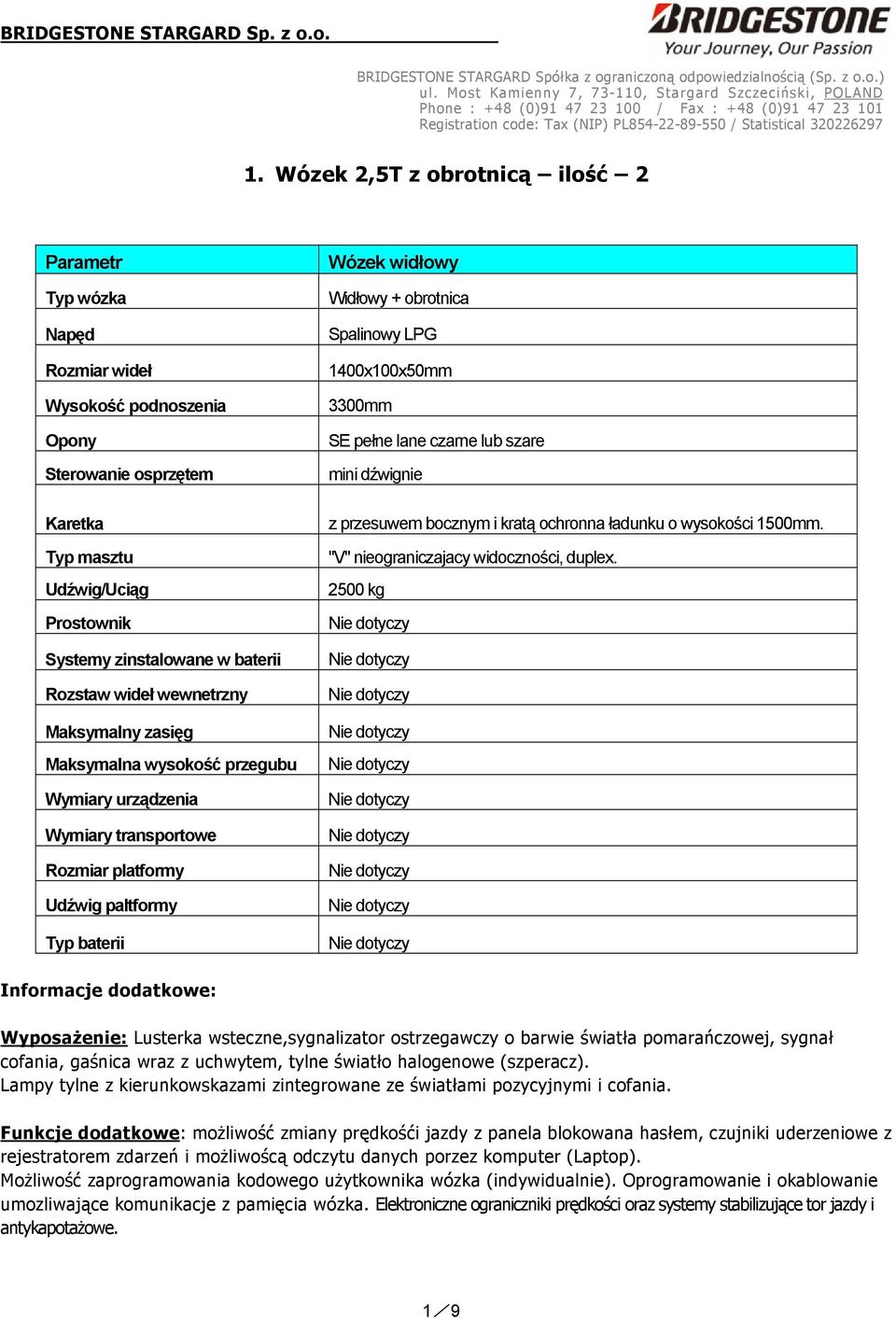 Wózek 2,5T z obrotnicą ilość 2 Wózek widłowy Widłowy + obrotnica Spalinowy LPG 1400x100x50mm 3300mm SE pełne lane czarne lub szare mini dźwignie z przesuwem bocznym i kratą ochronna ładunku o