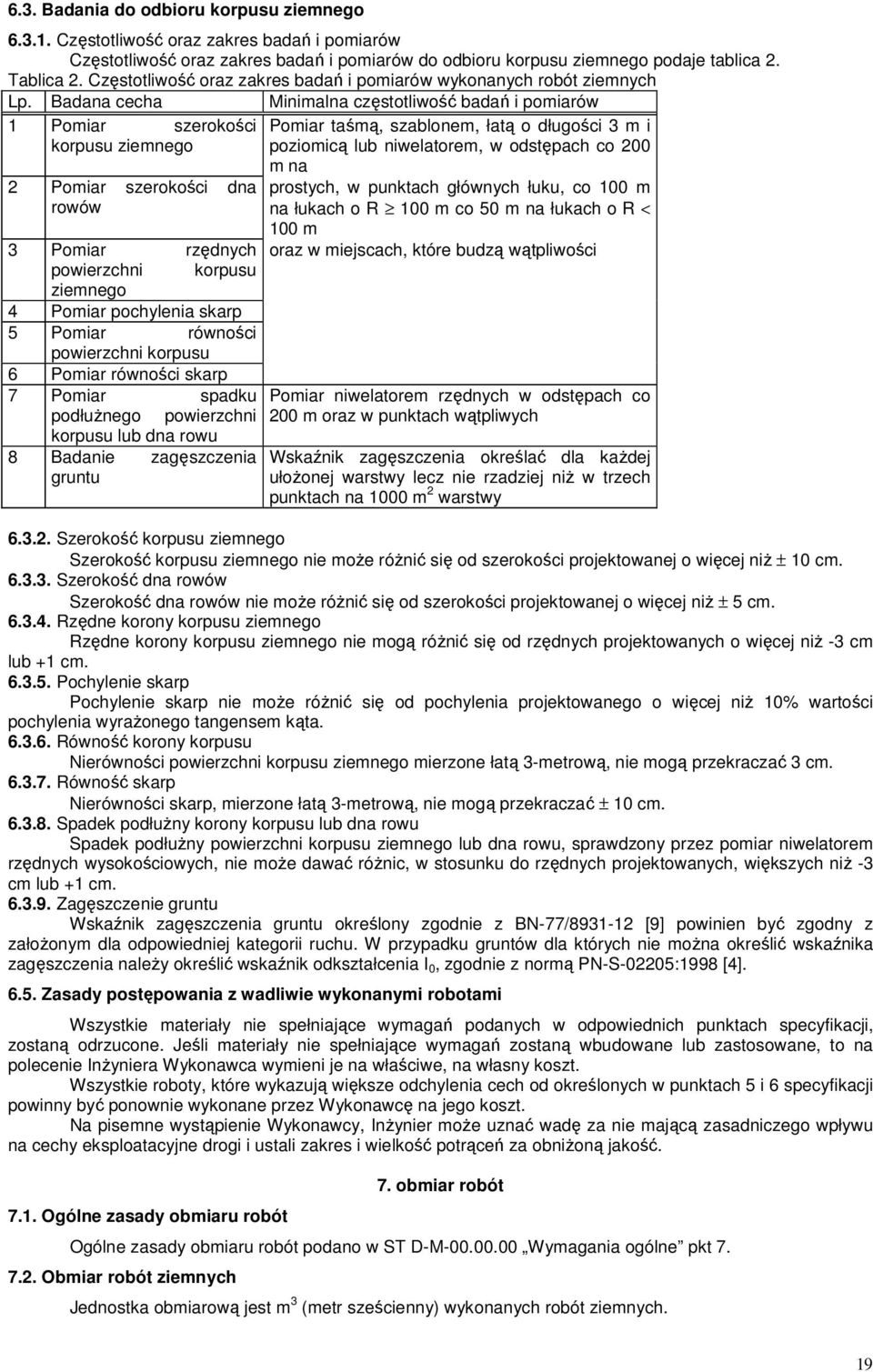 Badana cecha Minimalna częstotliwość badań i pomiarów 1 Pomiar szerokości korpusu ziemnego 2 Pomiar szerokości dna rowów 3 Pomiar rzędnych powierzchni korpusu ziemnego 4 Pomiar pochylenia skarp 5