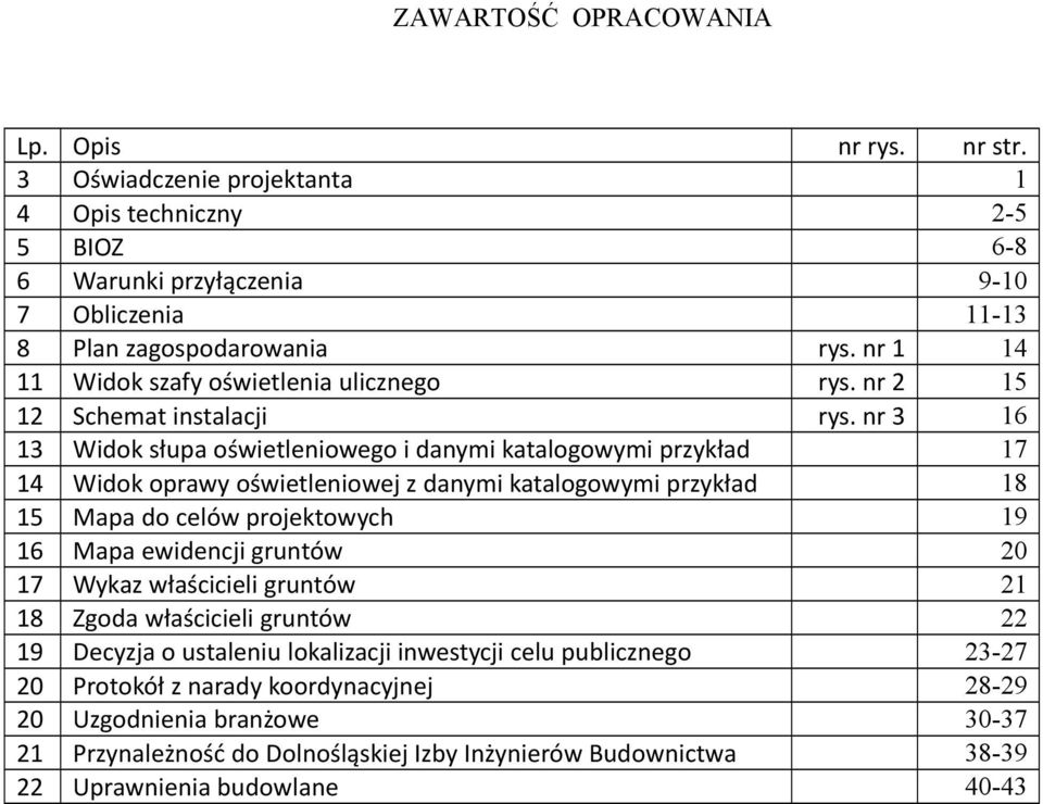 nr 3 16 13 Widok słupa oświetleniowego i danymi katalogowymi przykład 17 14 Widok oprawy oświetleniowej z danymi katalogowymi przykład 18 15 Mapa do celów projektowych 19 16 Mapa ewidencji