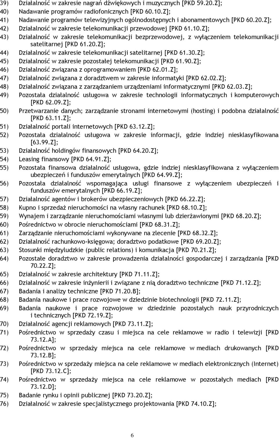 Z]; 43) Działalność w zakresie telekomunikacji bezprzewodowej, z wyłączeniem telekomunikacji satelitarnej [PKD 61.20.Z]; 44) Działalność w zakresie telekomunikacji satelitarnej [PKD 61.30.