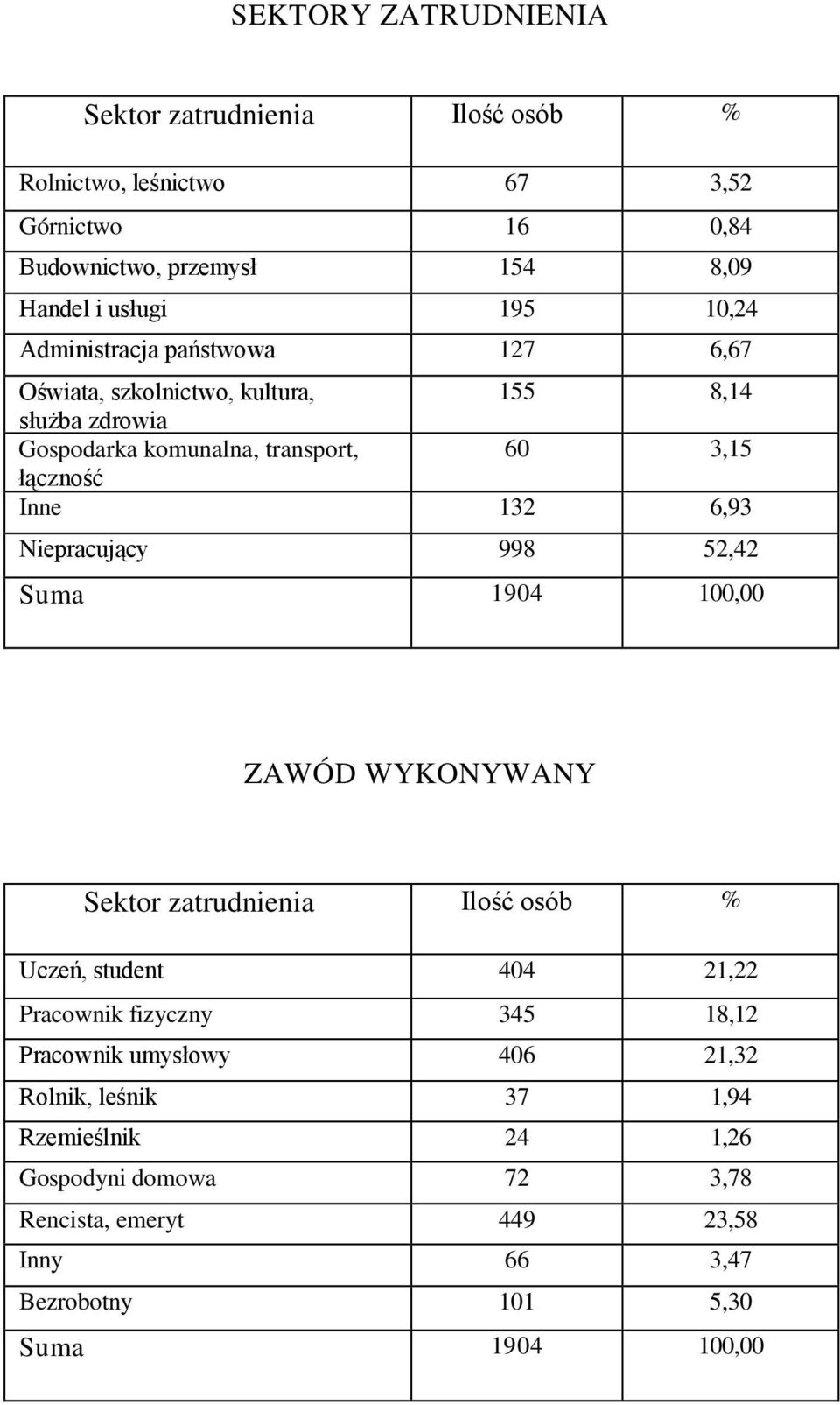 6,93 Niepracujący 998 52,42 Suma 1904 100,00 ZAWÓD WYKONYWANY Sektor zatrudnienia Ilość osób % Uczeń, student 404 21,22 Pracownik fizyczny 345 18,12