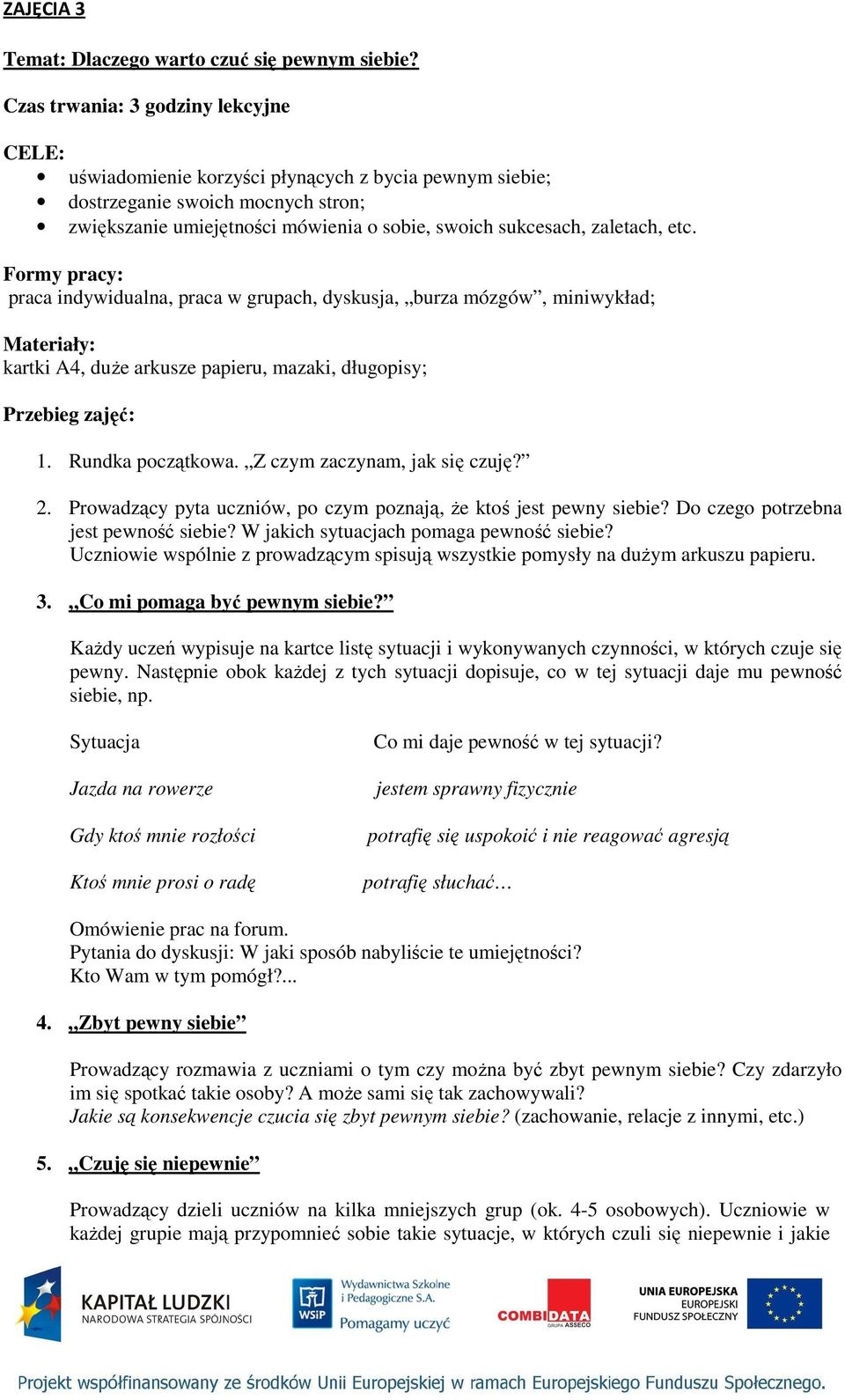 zaletach, etc. Formy pracy: praca indywidualna, praca w grupach, dyskusja, burza mózgów, miniwykład; Materiały: kartki A4, duŝe arkusze papieru, mazaki, długopisy; Przebieg zajęć: 1.