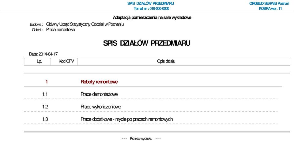 Kod CPV Opis działu 1 Roboty remontowe 1.1 Prace demontażowe 1.