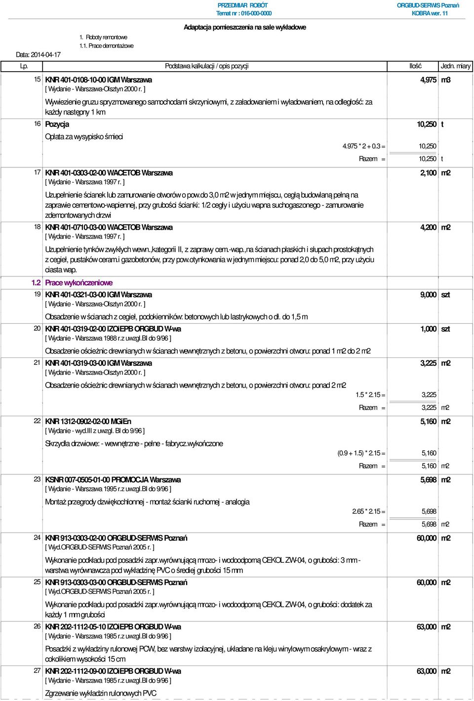 1. Roboty remontowe 1.1. Prace demontażowe 15 KNR 401-0108-10-00 IGM Warszawa 4,975 m3 Wywiezienie gruzu spryzmowanego samochodami skrzyniowymi, z załadowaniem i wyładowaniem, na odległość: za każdy