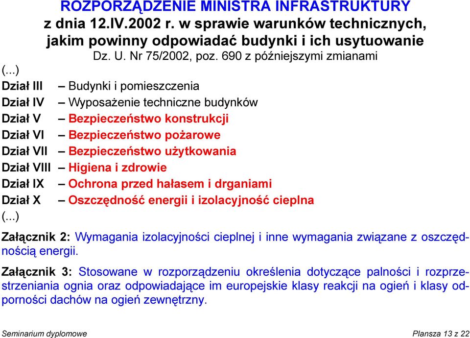 Higiena i zdrowie Dział IX Ochrona przed hałasem i drganiami Dział X Oszczędność energii i izolacyjność cieplna (.