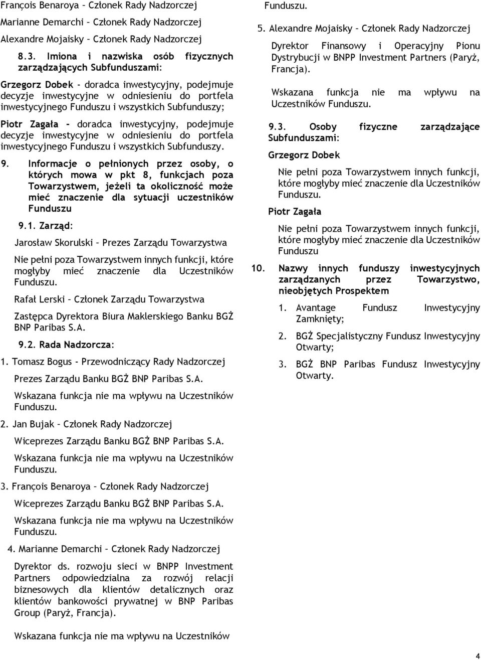 Subfunduszy; Piotr Zagała - doradca inwestycyjny, podejmuje decyzje inwestycyjne w odniesieniu do portfela inwestycyjnego Funduszu i wszystkich Subfunduszy. 9.